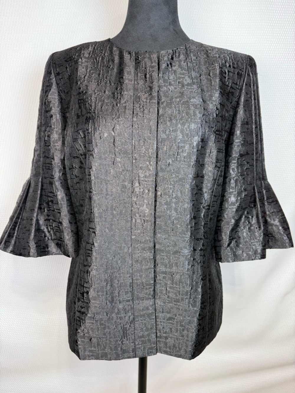 Anne Klein 12P Black Textured Jacquard 3/4 Bell Sleeve Jacket Blazer Career